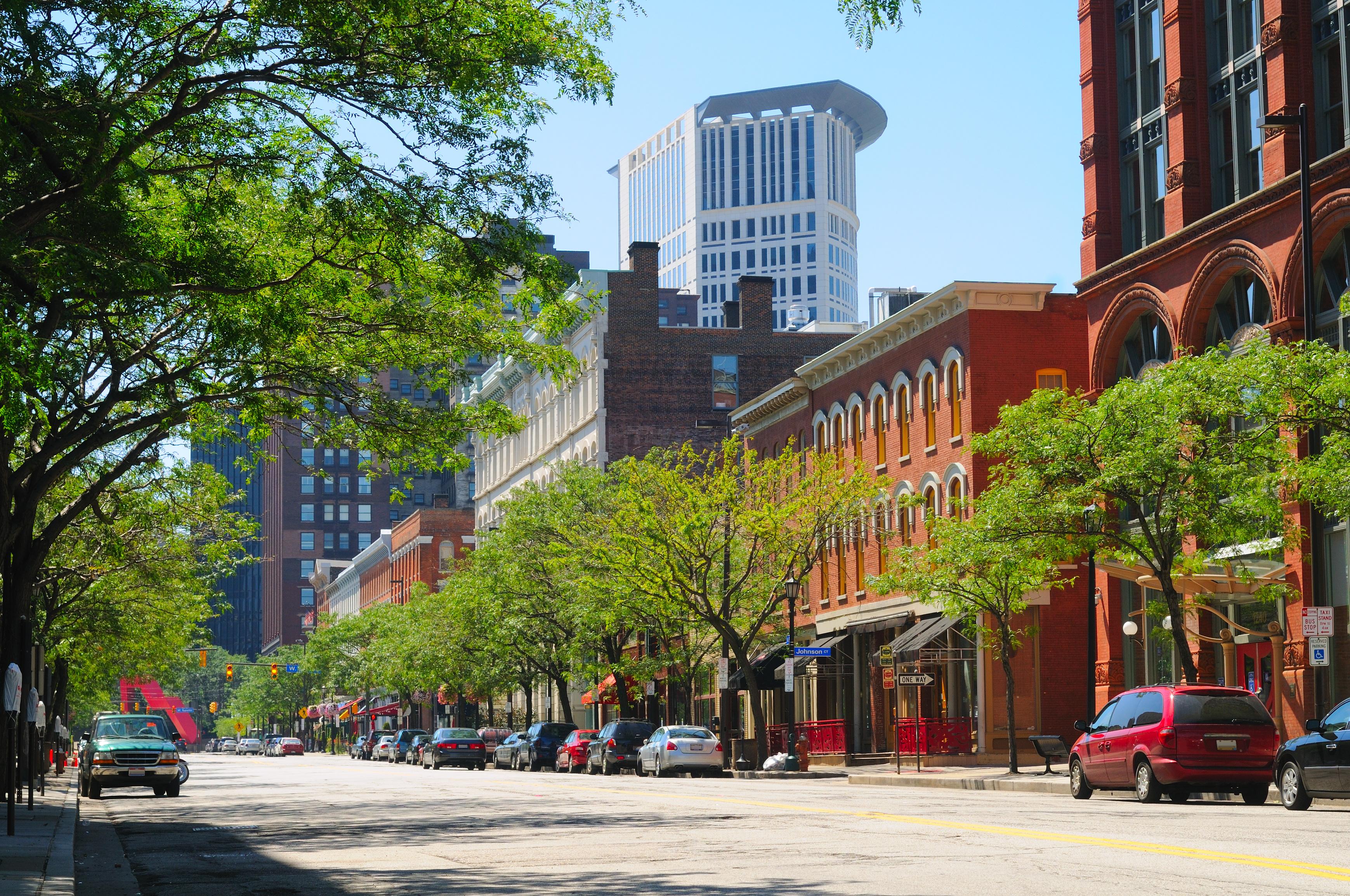 bright and sunny city street